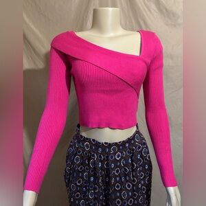 Pink Ribbed Off-Shoulder Crop Top